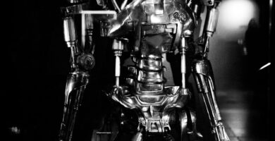Terminator a black and white photo of a robot