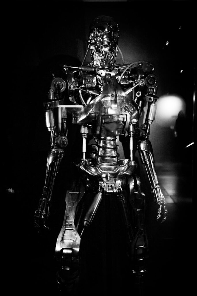 Terminator a black and white photo of a robot
