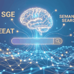 Representación conceptual del SEO en 2026 un cerebro de IA generativa conectado a una barra de búsqueda con los términos SGE y EEAT