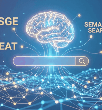 Representación conceptual del SEO en 2026 un cerebro de IA generativa conectado a una barra de búsqueda con los términos SGE y EEAT