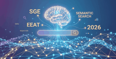 Representación conceptual del SEO en 2026 un cerebro de IA generativa conectado a una barra de búsqueda con los términos SGE y EEAT