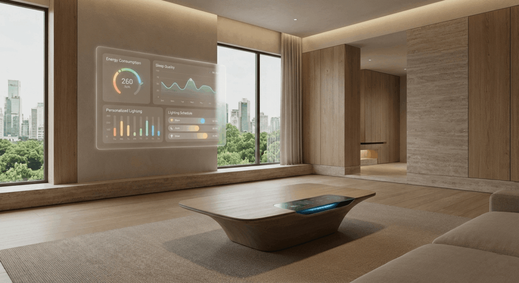 Salón inteligente minimalista en 2026 con interfaces holográficas de IA mostrando gestión energética y datos de salud predictivos