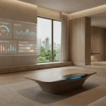 Salón inteligente minimalista en 2026 con interfaces holográficas de IA mostrando gestión energética y datos de salud predictivos