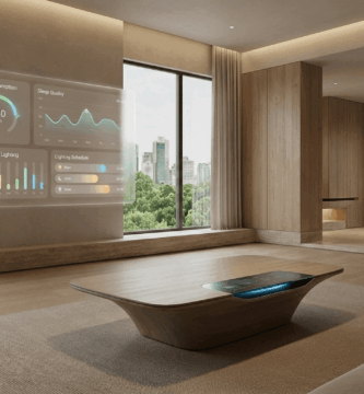 Salón inteligente minimalista en 2026 con interfaces holográficas de IA mostrando gestión energética y datos de salud predictivos
