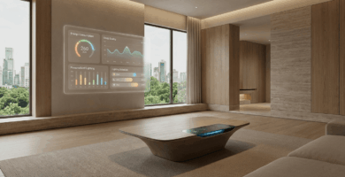 Salón inteligente minimalista en 2026 con interfaces holográficas de IA mostrando gestión energética y datos de salud predictivos