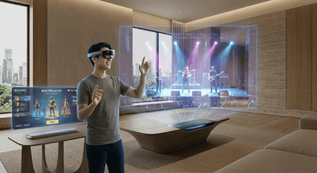 Usuario con gafas de realidad mixta experimentando el ocio digital en el metaverso de 2026, interactuando con un concierto virtual y una interfaz de videojuego