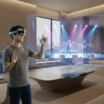 Usuario con gafas de realidad mixta experimentando el ocio digital en el metaverso de 2026, interactuando con un concierto virtual y una interfaz de videojuego