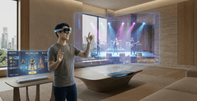 Usuario con gafas de realidad mixta experimentando el ocio digital en el metaverso de 2026, interactuando con un concierto virtual y una interfaz de videojuego