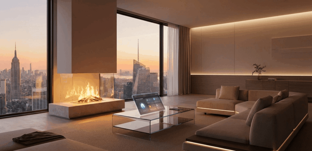 Salón de diseño moderno con interfaz de hogar inteligente y vistas a la ciudad al atardecer, representando el estilo de vida del futuro Salón de diseño moderno con interfaz de hogar inteligente y vistas a la ciudad al atardecer, representando el estilo de vida del futuro