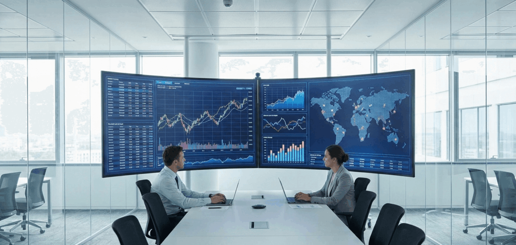 Profesionales analizando gráficos de marketing y tendencias de negocio globales en pantallas gigantes en una oficina moderna