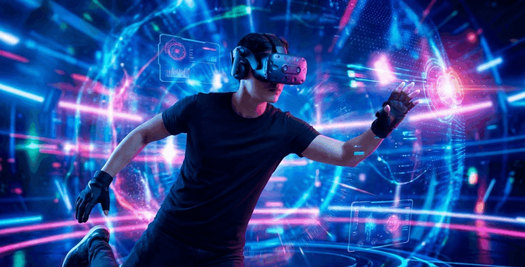 Persona disfrutando de una experiencia de ocio inmersiva con gafas de realidad virtual y guantes hápticos en un entorno digital Persona disfrutando de una experiencia de ocio inmersiva con gafas de realidad virtual y guantes hápticos en un entorno digital