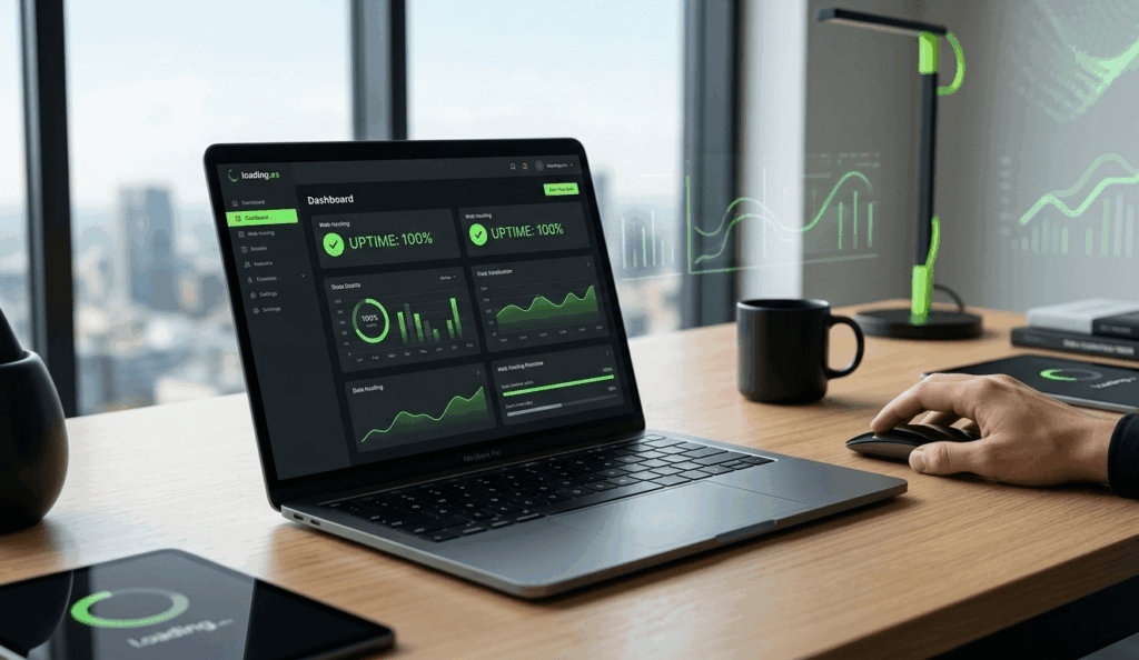 Interfaz de panel de control de hosting Loading en un ordenador portátil MacBook Pro sobre un escritorio de oficina moderna con estética minimalista.