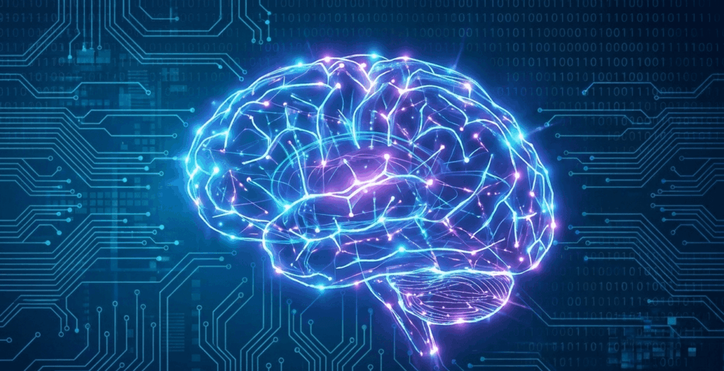 Ilustración de un cerebro digital como una red neuronal brillante sobre un fondo de circuitos, representando la tecnología y la inteligencia artificial