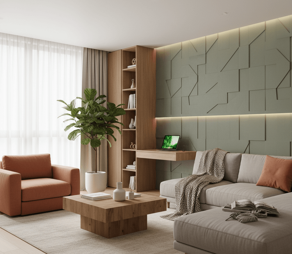 Interior de un salón moderno en 2026 mostrando tendencias de decoración minimalista y personalizada