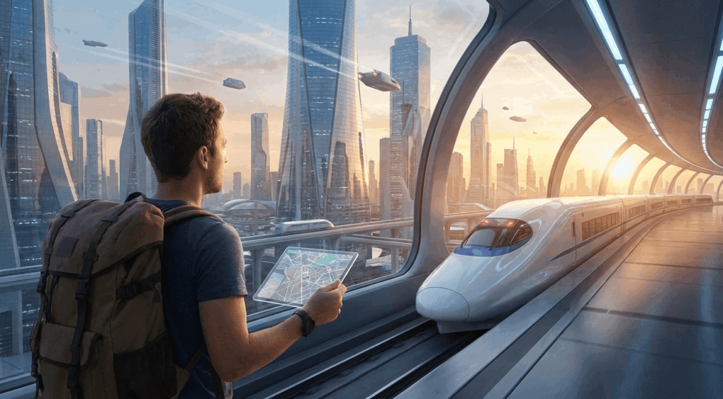 Viajero con una tablet mirando una ciudad futurista desde la estación de un tren de alta velocidad, simbolizando el futuro del turismo