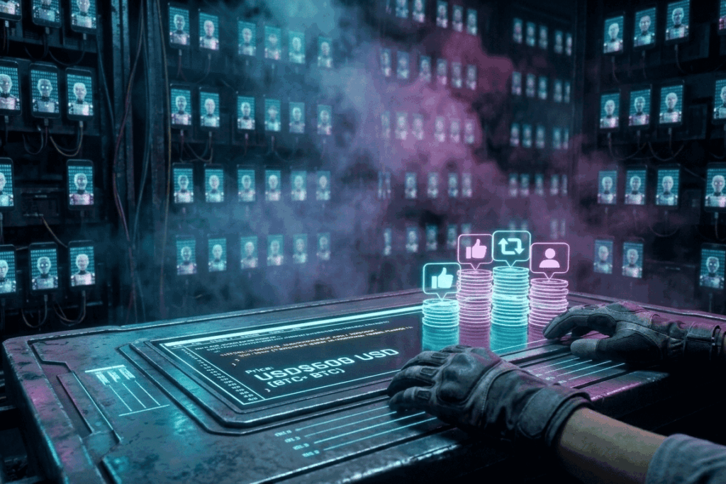 Ilustración conceptual de perfiles falsos en redes sociales controlados por una mano robótica