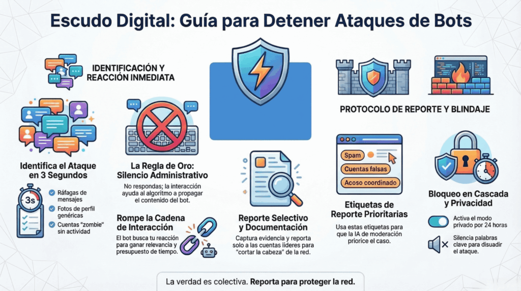 Infografía sobre la red de granjas de bots y flujos de desinformación digital en 2026