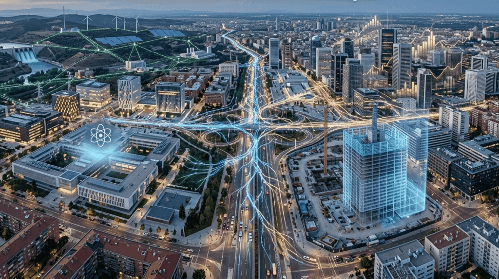 Vista aérea de una ciudad inteligente conectada con redes de datos digitales que simbolizan la aplicación de IA, Machine Learning y BIM en construcción, finanzas y energía