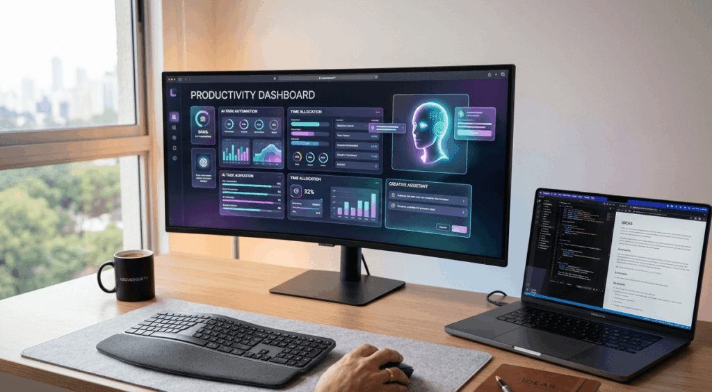 Escritorio moderno con pantallas mostrando herramientas de inteligencia artificial y automatización de tareas para mejorar la productividad