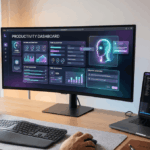 Escritorio moderno con pantallas mostrando herramientas de inteligencia artificial y automatización de tareas para mejorar la productividad