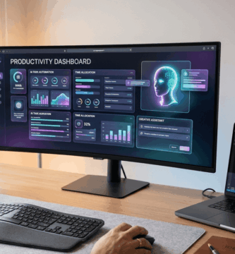 Escritorio moderno con pantallas mostrando herramientas de inteligencia artificial y automatización de tareas para mejorar la productividad