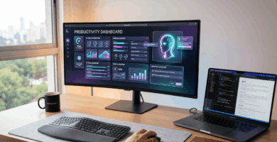 Escritorio moderno con pantallas mostrando herramientas de inteligencia artificial y automatización de tareas para mejorar la productividad