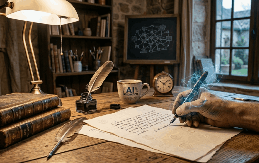 Mano humana redactando un texto que se integra con redes neuronales digitales, representando el concepto de humanizar la IA