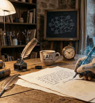 Mano humana redactando un texto que se integra con redes neuronales digitales, representando el concepto de humanizar la IA
