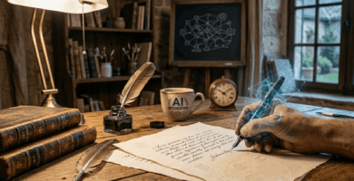 Mano humana redactando un texto que se integra con redes neuronales digitales, representando el concepto de humanizar la IA