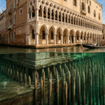 Diagrama de ingeniería en corte transversal que ilustra los postes de madera y cimientos subterráneos de los palacios de Venecia