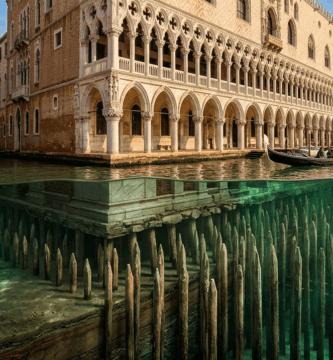 Diagrama de ingeniería en corte transversal que ilustra los postes de madera y cimientos subterráneos de los palacios de Venecia