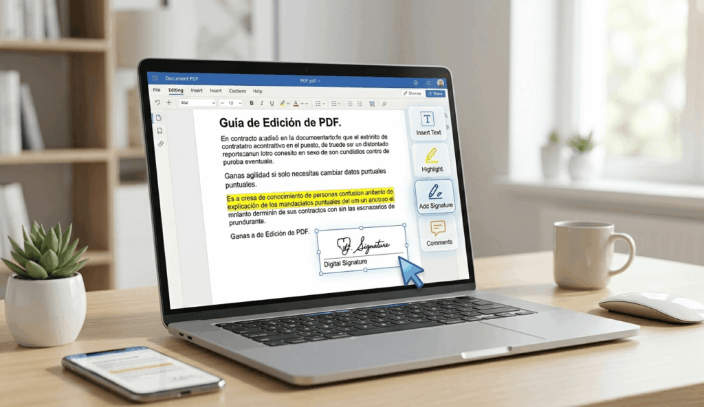 Interfaz digital de un software de edición de documentos mostrando el proceso de cómo modificar un PDF en línea Interfaz digital de un software de edición de documentos mostrando el proceso de cómo modificar un PDF en línea