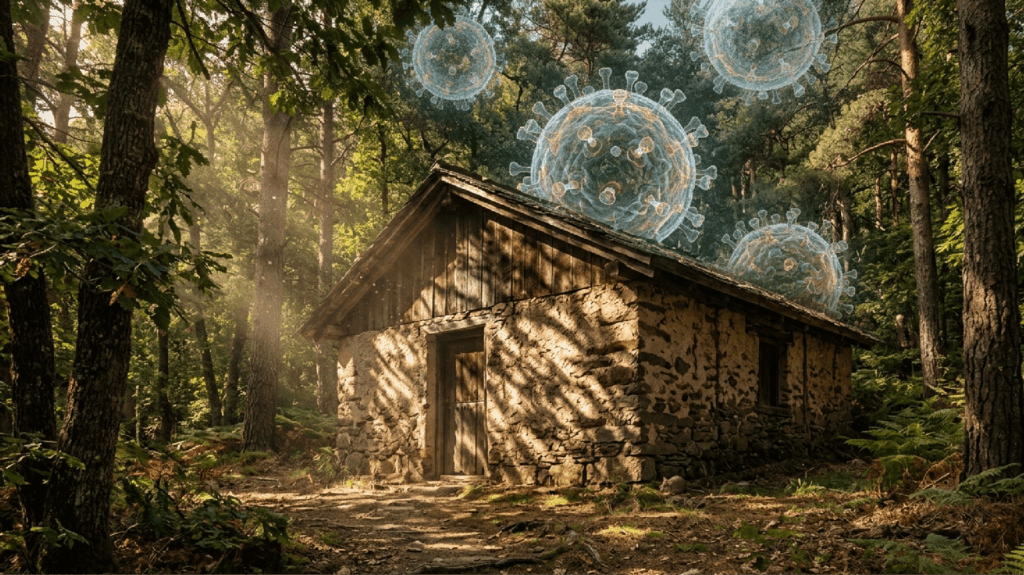 Representación visual del hantavirus en un entorno natural boscoso
