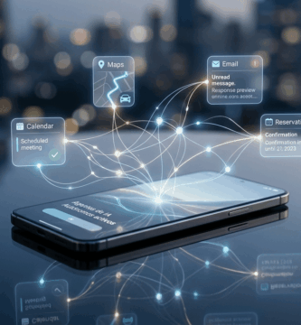 Agentes de IA autónomos integrados en sistemas operativos de smartphones controlando aplicaciones cotidianas de forma invisible en 2026