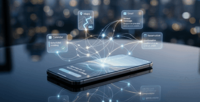 Agentes de IA autónomos integrados en sistemas operativos de smartphones controlando aplicaciones cotidianas de forma invisible en 2026