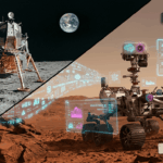 Comparativa tecnológica entre el alunizaje del Apolo 11 en 1969 y los rovers marcianos autónomos de 2026 con Inteligencia Artificial.