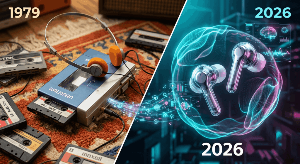 Evolución del audio portátil desde el clásico Sony Walkman de 1979 hasta los auriculares con inteligencia artificial y audio espacial