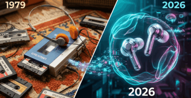 Evolución del audio portátil desde el clásico Sony Walkman de 1979 hasta los auriculares con inteligencia artificial y audio espacial