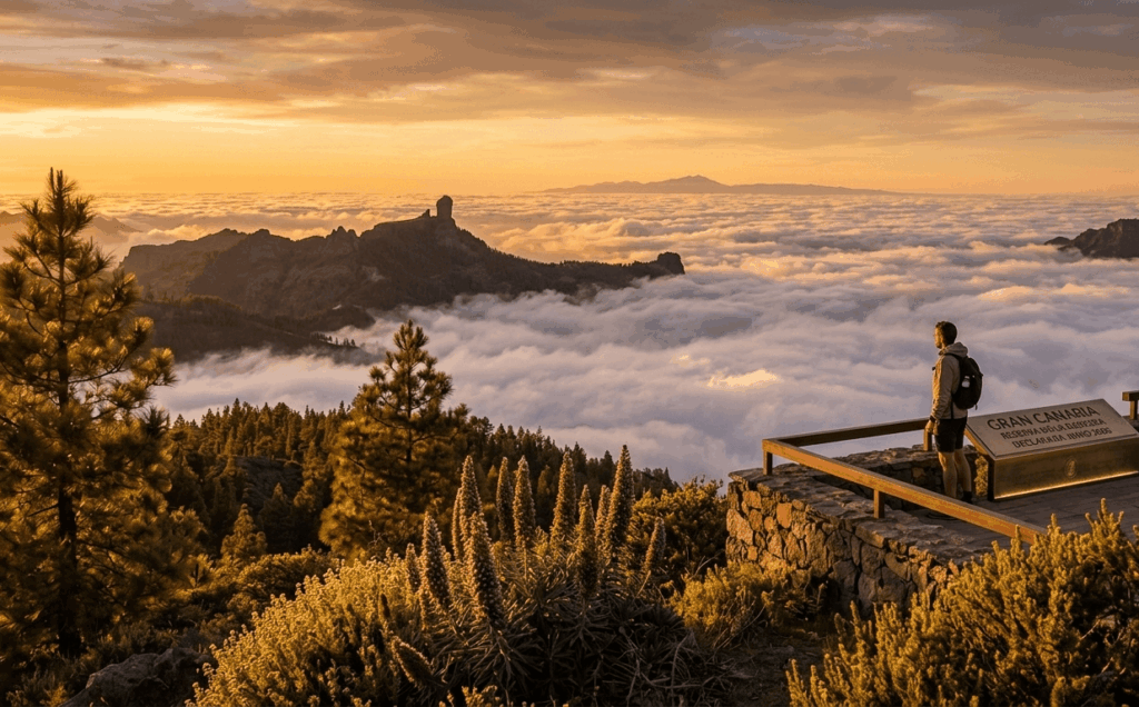 Paisaje del Roque Nublo y mar de nubes en Gran Canaria, declarada Reserva de la Biosfera por la UNESCO