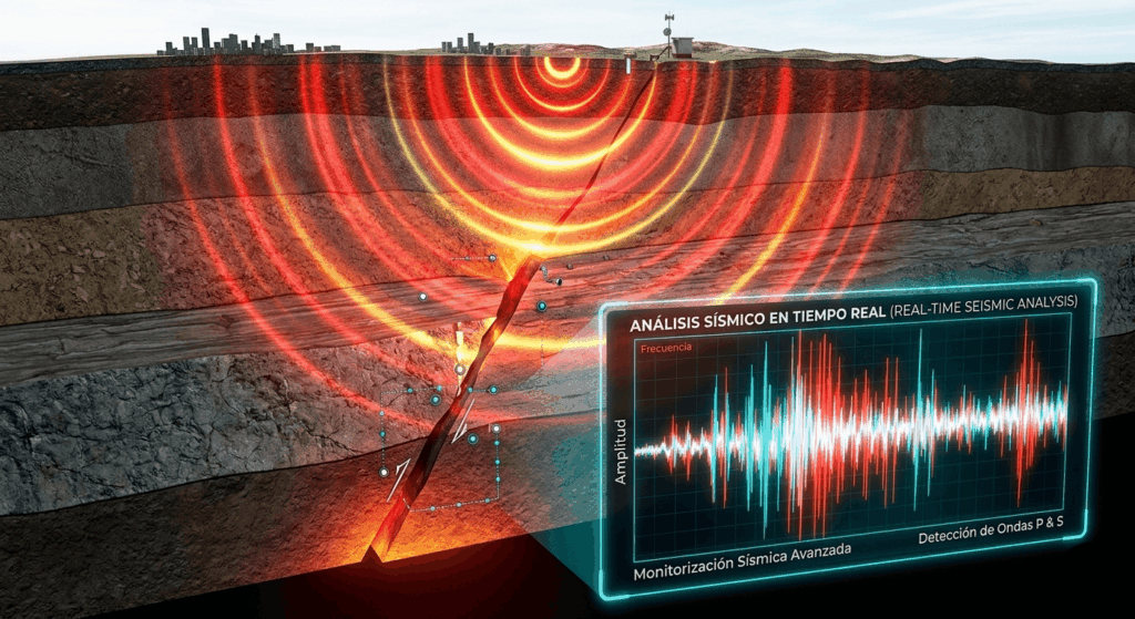 Gráfico digital de un sismógrafo monitorizando la actividad sísmica y las ondas de choque de un terremoto en la corteza terrestre.