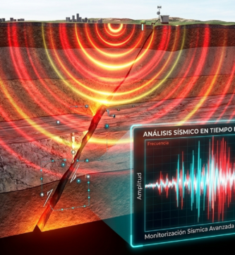 Gráfico digital de un sismógrafo monitorizando la actividad sísmica y las ondas de choque de un terremoto en la corteza terrestre.