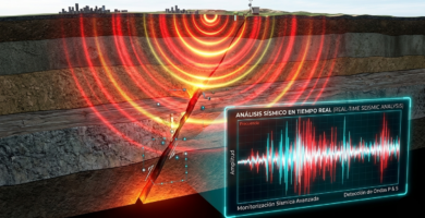 Gráfico digital de un sismógrafo monitorizando la actividad sísmica y las ondas de choque de un terremoto en la corteza terrestre.