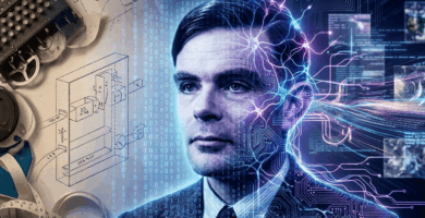 Representación artística de Alan Turing y la evolución de la inteligencia artificial