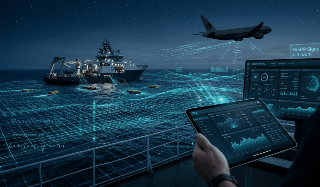 Recreación tecnológica en 3D de un avión sobre un océano de datos, representando la búsqueda del MH370 mediante inteligencia artificial y señales de radiofrecuencia.