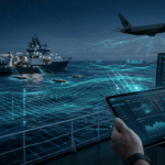 Recreación tecnológica en 3D de un avión sobre un océano de datos, representando la búsqueda del MH370 mediante inteligencia artificial y señales de radiofrecuencia.