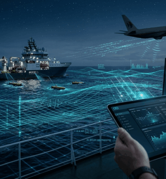Recreación tecnológica en 3D de un avión sobre un océano de datos, representando la búsqueda del MH370 mediante inteligencia artificial y señales de radiofrecuencia.