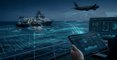 Recreación tecnológica en 3D de un avión sobre un océano de datos, representando la búsqueda del MH370 mediante inteligencia artificial y señales de radiofrecuencia.