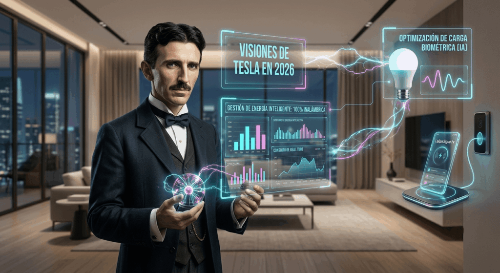 Representación artística de Nikola Tesla visualizando una habitación inteligente y domótica con tecnología inalámbrica en 2026.
