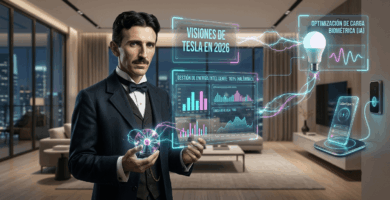 Representación artística de Nikola Tesla visualizando una habitación inteligente y domótica con tecnología inalámbrica en 2026.