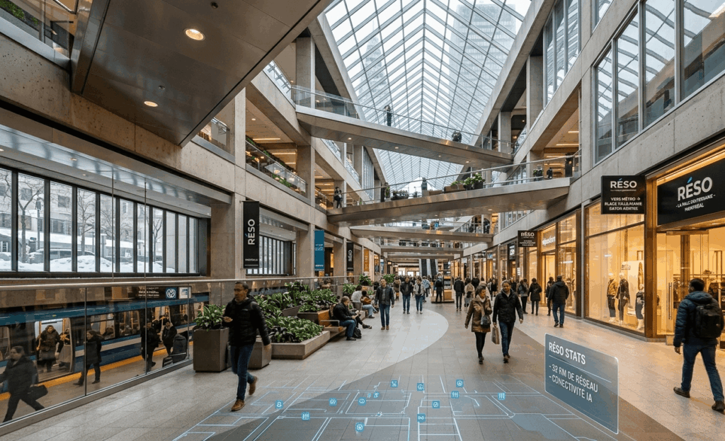 Pasillo moderno e iluminado de RÉSO, la inmensa ciudad subterránea de Montreal con peatones y zonas comerciales.